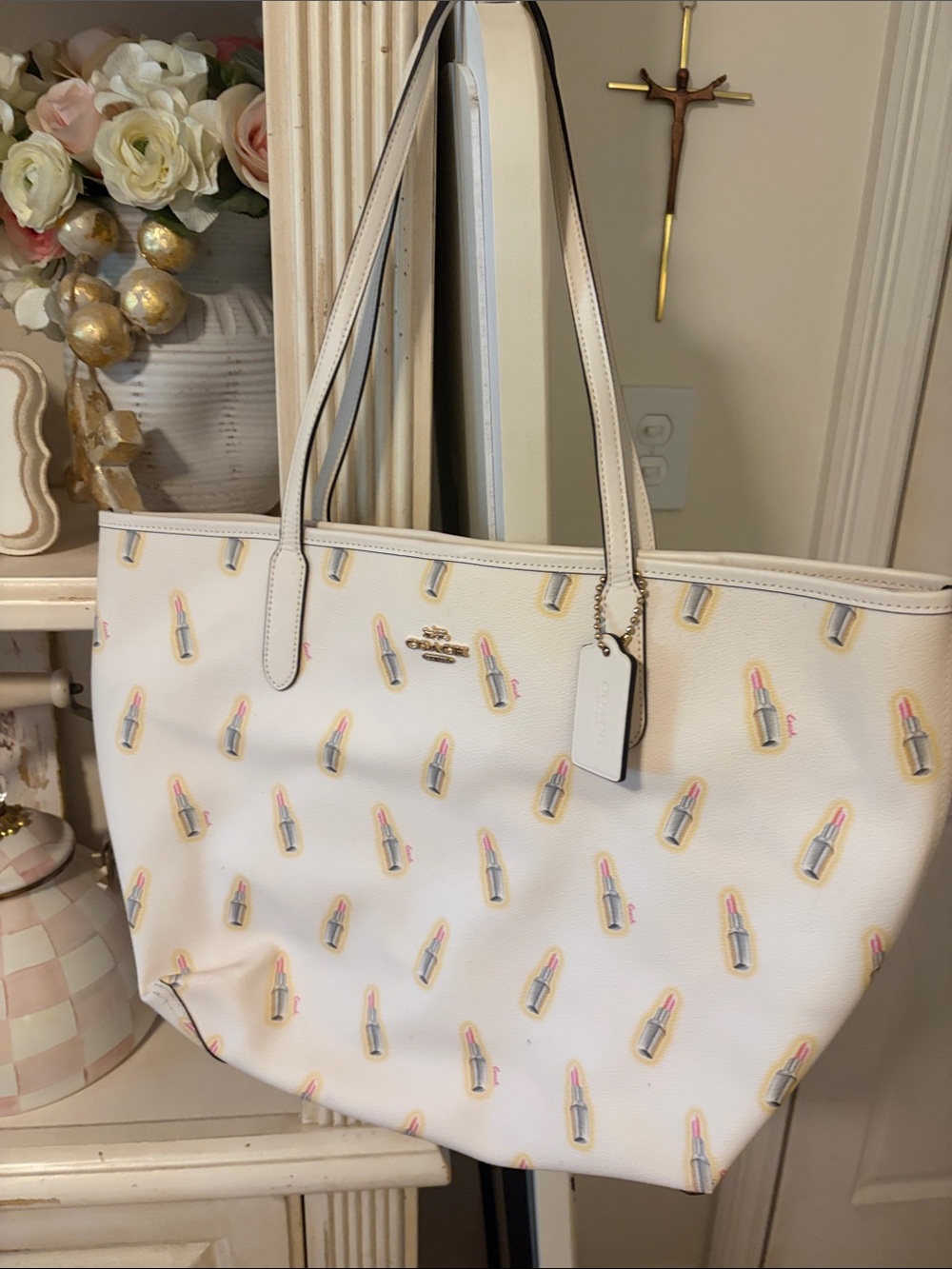 Coach White Tote with Pink Lipstick Print